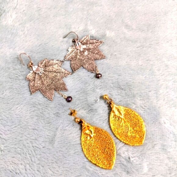 Vintage 80s Silver-plated/Gold Filled Leaf Motif Earrings Made from Real Leaves - Picture 10 of 16
